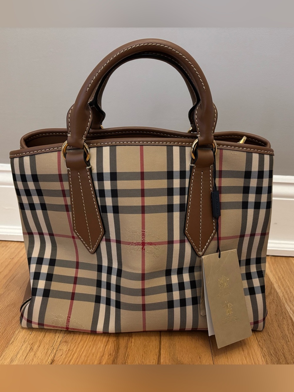 Burberry Tan Check Satchel with Brown Leather Handles
